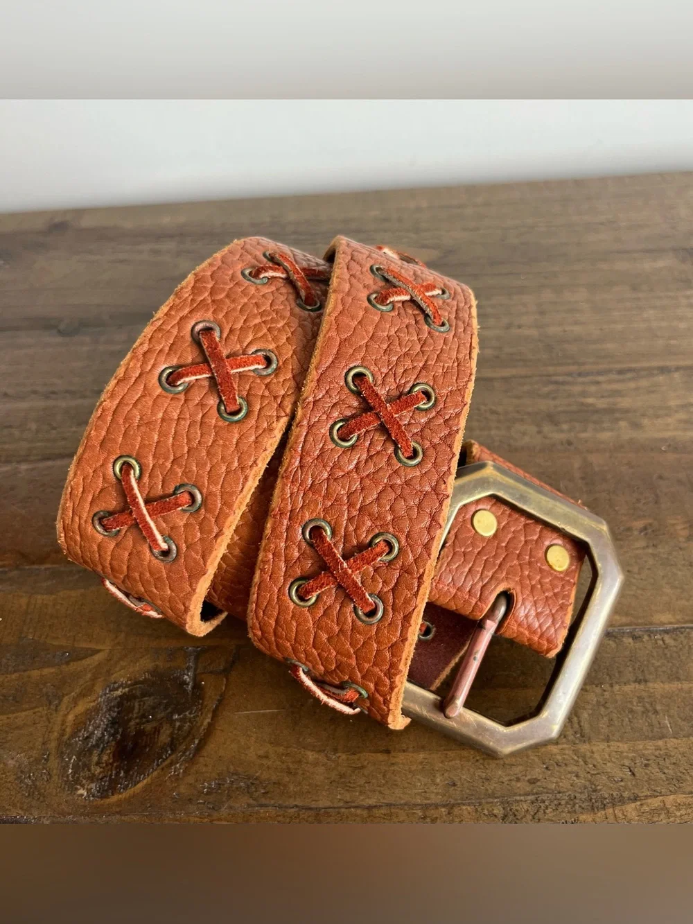 VTG Jeff Gallea Handcrafted Leather Belt Brown Cross Stitch Western Boho Y2K M
